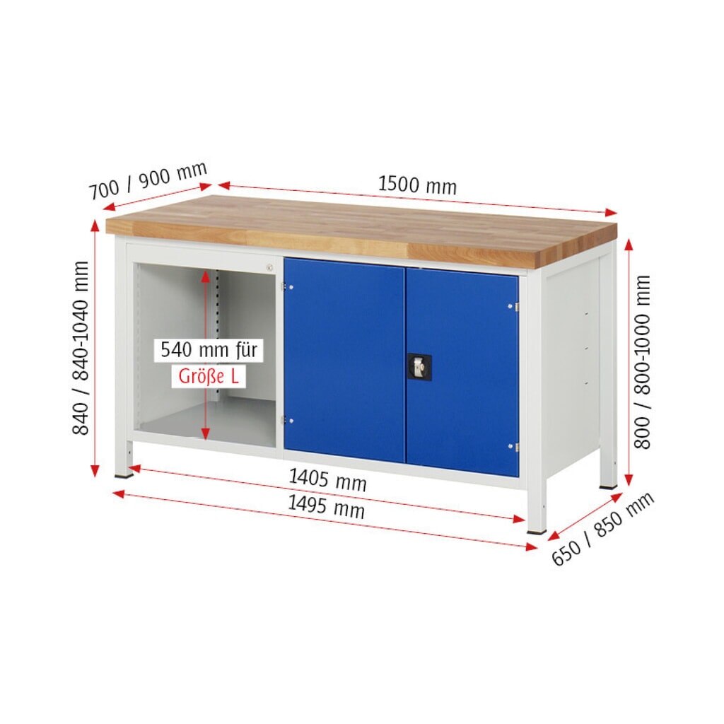 Immagine del prodotto n. 8: Banco da lavoro RAU serie 8000, 1 contenitore doppio, 1 piano di appoggio, 1 anta a doppio battente, HxLxP 840-1.040 x 1.500 x 700 mm, 3 cassetti estraibili al 90%