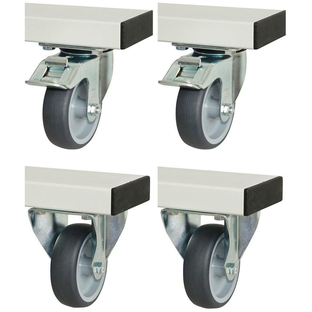 Immagine del prodotto: RAU Set di ruote per banco da lavoro serie adlatus 300/600, HxLxP 125 x 100 x 30 mm, 2 ruote fisse e 2 rulli orientabili con freno di stazionamento
