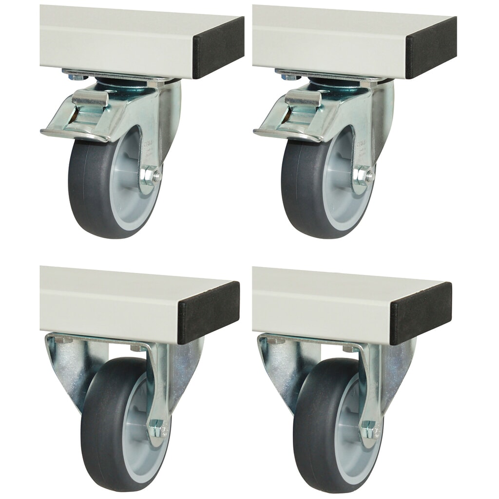 RAU Set di ruote per banco da lavoro serie adlatus 300/600, HxLxP 125 x 100 x 30 mm, 2 ruote fisse e 2 rulli orientabili con freno di stazionamento Immagine del prodotto: RAU Set di ruote per banco da lavoro serie adlatus 300/600, HxLxP 125 x 100 x 30 mm, 2 ruote fisse e 2 rulli orientabili con freno di stazionamento