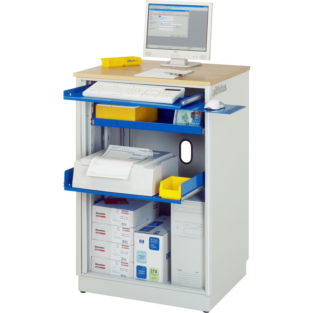 Immagine del prodotto n. 1: RAU Postazioni computer, HxLxP 1.100 x 720 x 660 mm, piano di lavoro in faggio decorato, con serranda, ciabatta a presa multipla