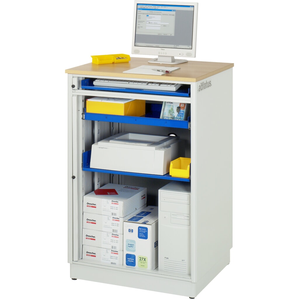 RAU Postazioni computer, HxLxP 1.100 x 720 x 660 mm, piano di lavoro in faggio decorato, con serranda, ciabatta a presa multipla Immagine del prodotto n. 2: RAU Postazioni computer, HxLxP 1.100 x 720 x 660 mm, piano di lavoro in faggio decorato, con serranda, ciabatta a presa multipla