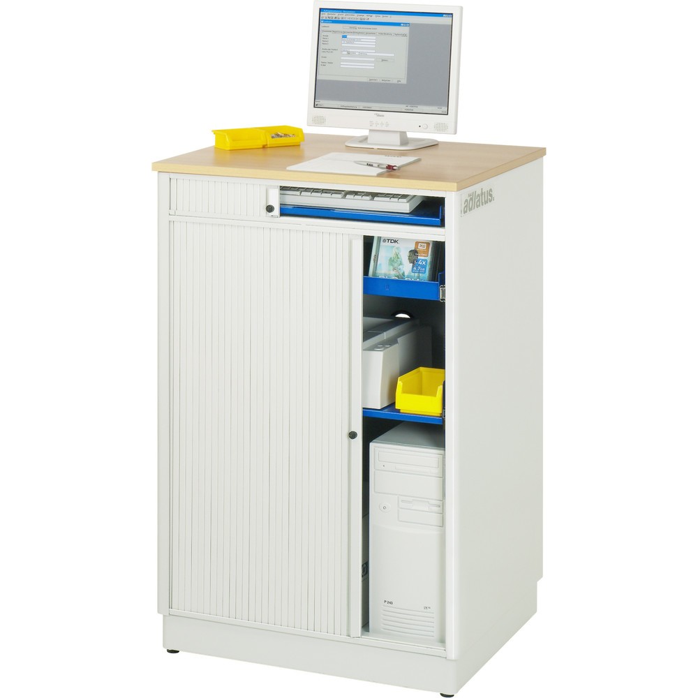 Immagine del prodotto n. 4: RAU Postazioni computer, HxLxP 1.100 x 720 x 660 mm, piano di lavoro in faggio decorato, con serranda, ciabatta a presa multipla