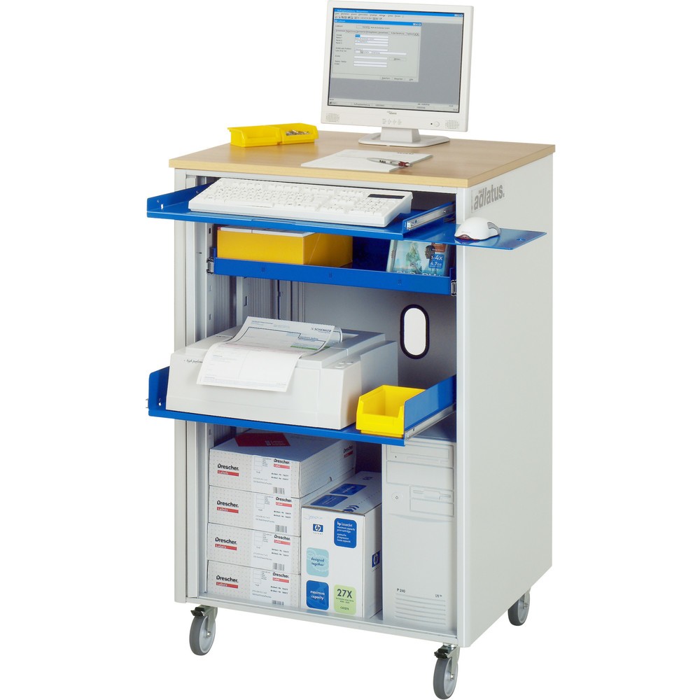 Immagine del prodotto: RAU Postazioni computer, HxLxP 1.100 x 720 x 660 mm, piano di lavoro in faggio decorato, con serranda, ciabatta a presa multipla e set di ruote