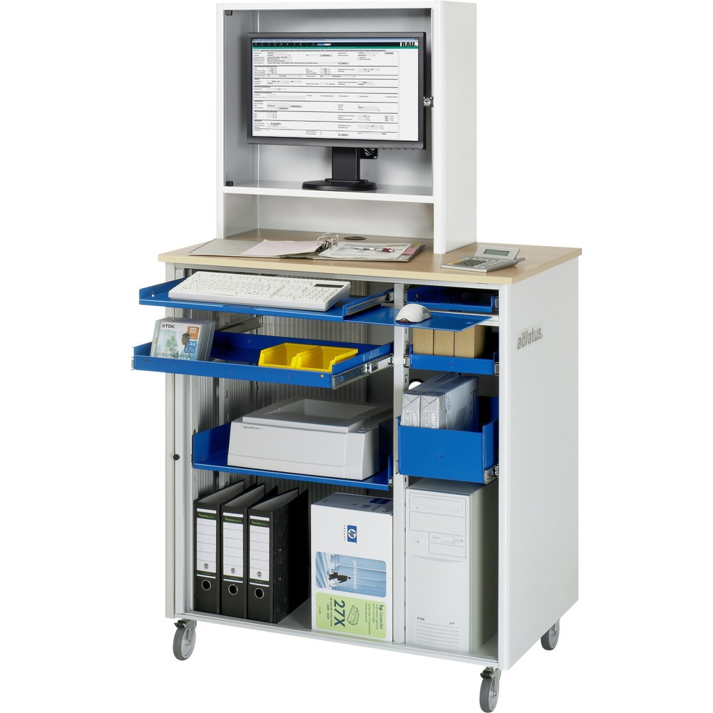 Immagine del prodotto n. 1: RAU Postazioni computer, HxLxP 1.810 x 1.030 x 660 mm, piano di lavoro in faggio decorato, con serranda, ciabatta a presa multipla, set di ruote e alloggiamento monitor