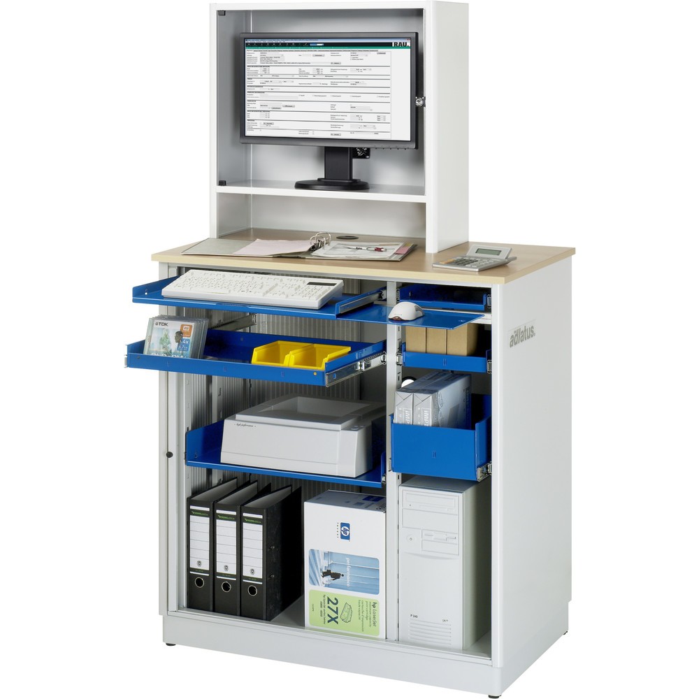 Immagine del prodotto n. 1: RAU Postazioni computer, HxLxP 1.810 x 1.030 x 660 mm, piano di lavoro in faggio decorato, con serranda, ciabatta a presa multipla, cassetto e set di ruote
