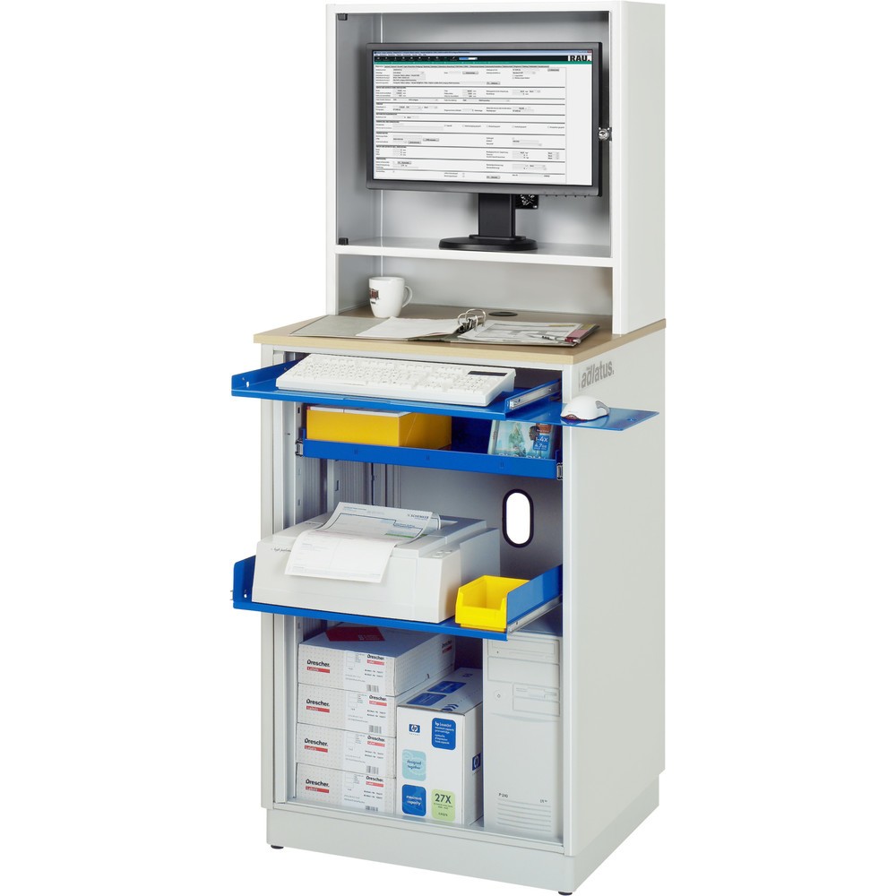 Immagine del prodotto n. 1: RAU Postazioni computer, HxLxP 1.810 x 720 x 660 mm, piano di lavoro in faggio decorato, con serranda, ciabatta a presa multipla
