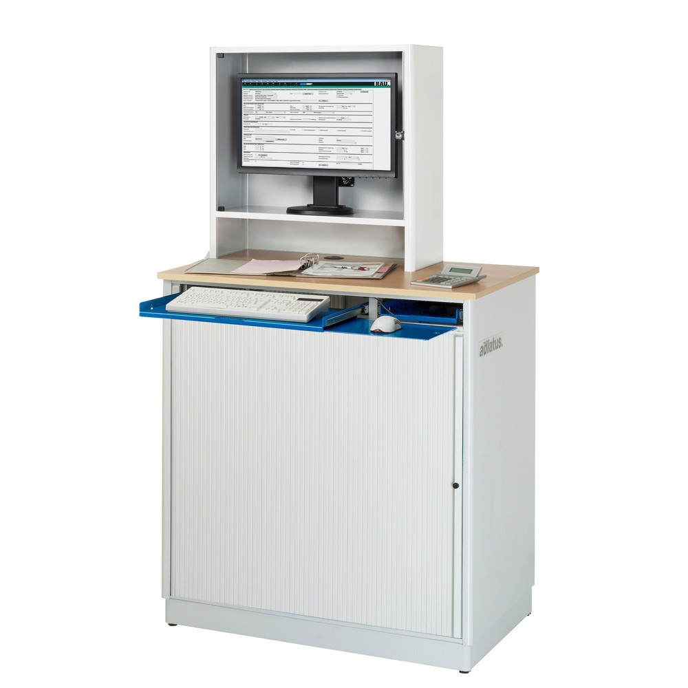 Immagine del prodotto n. 2: RAU Postazioni computer, HxLxP 1.810 x 1.030 x 660 mm, piano di lavoro in faggio decorato, con serranda, ciabatta a presa multipla, cassetto e set di ruote