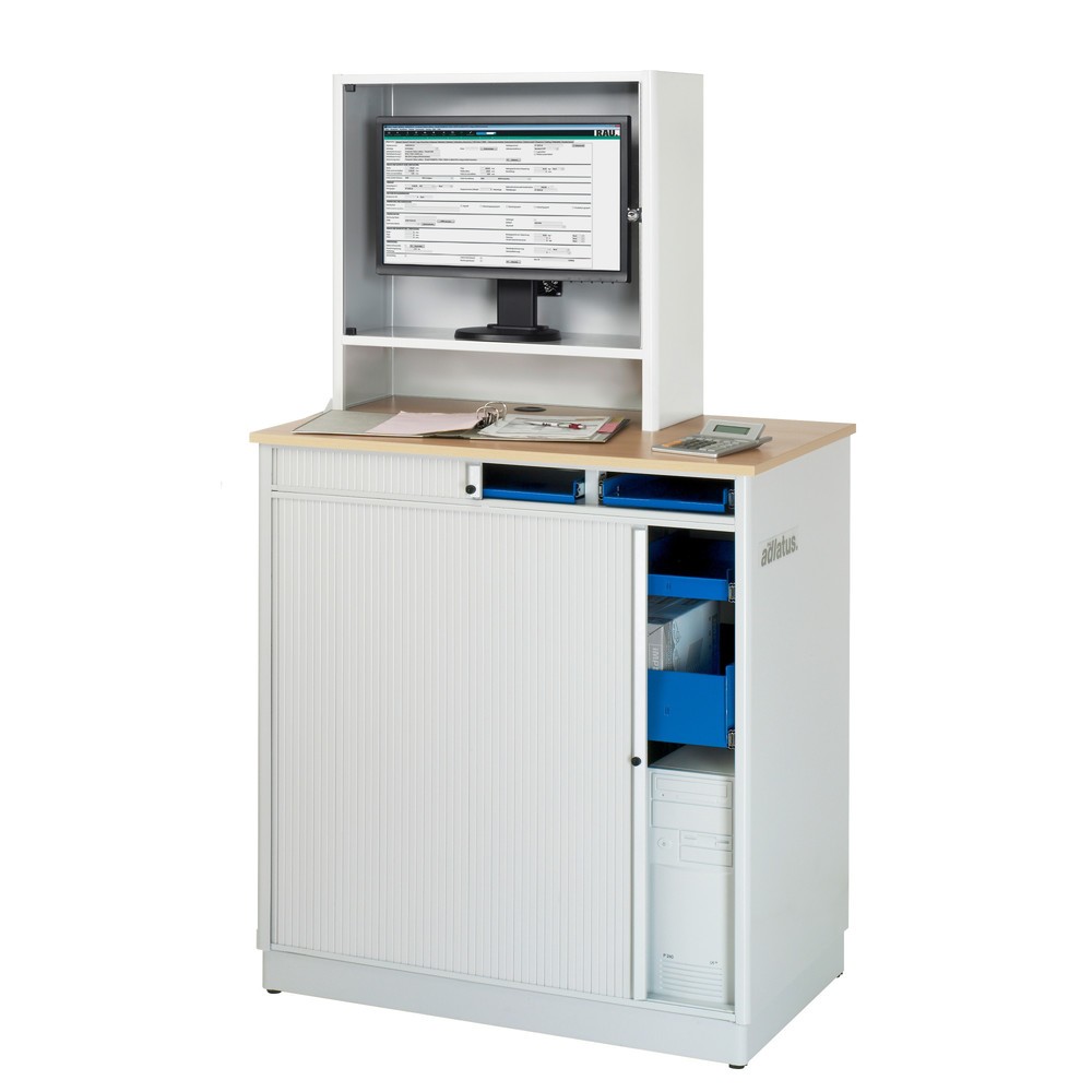Immagine del prodotto n. 3: RAU Postazioni computer, HxLxP 1.810 x 1.030 x 660 mm, piano di lavoro in faggio decorato, con serranda, ciabatta a presa multipla, cassetto e set di ruote