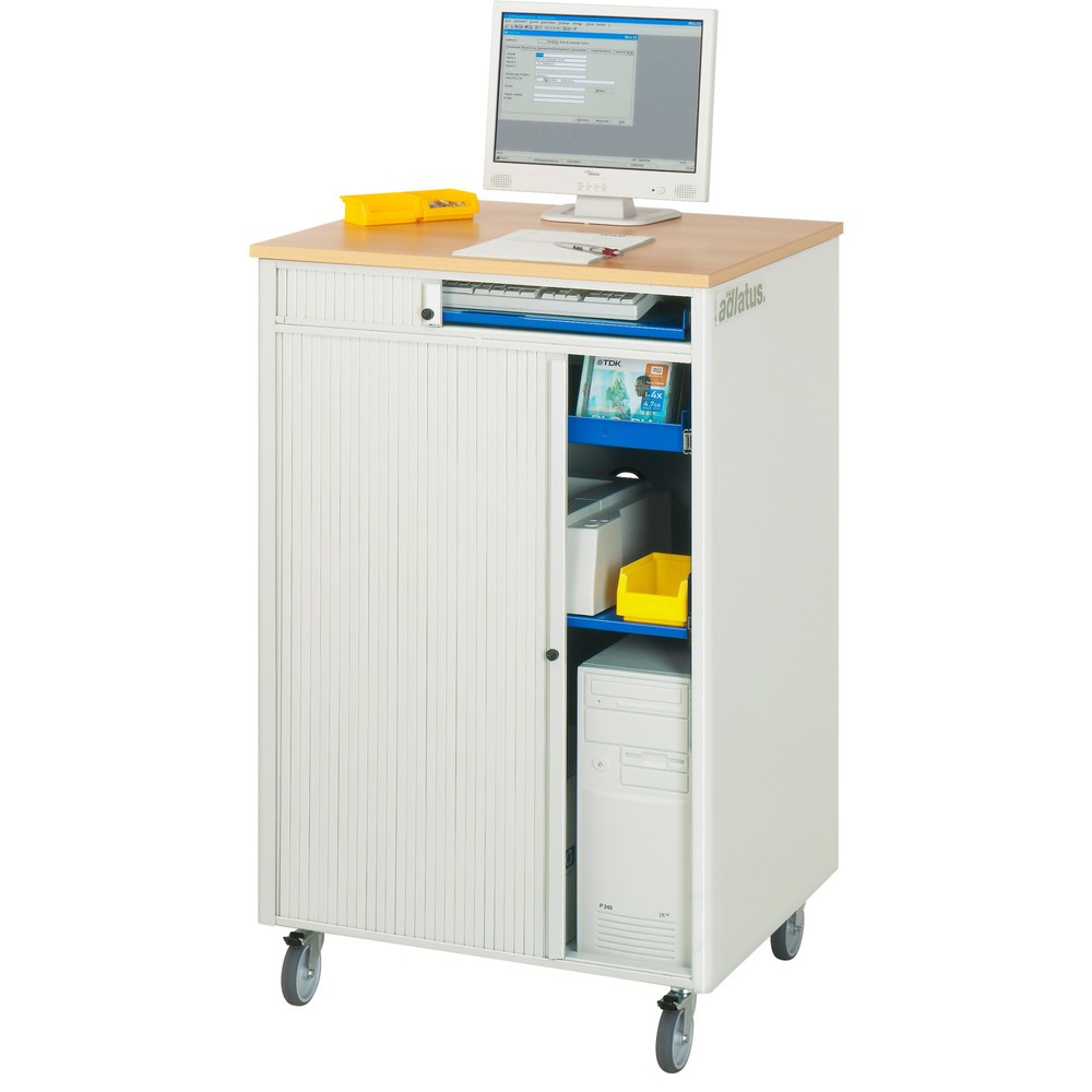 Immagine del prodotto n. 3: RAU Postazioni computer, HxLxP 1.100 x 720 x 660 mm, piano di lavoro in faggio decorato, con serranda, ciabatta a presa multipla e set di ruote