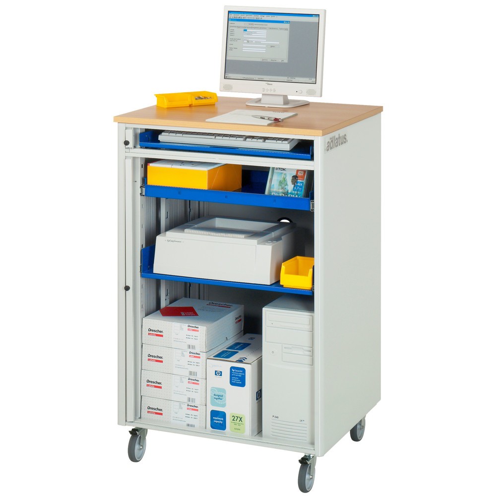 Immagine del prodotto n. 5: RAU Postazioni computer, HxLxP 1.100 x 720 x 660 mm, piano di lavoro in faggio decorato, con serranda, ciabatta a presa multipla e set di ruote