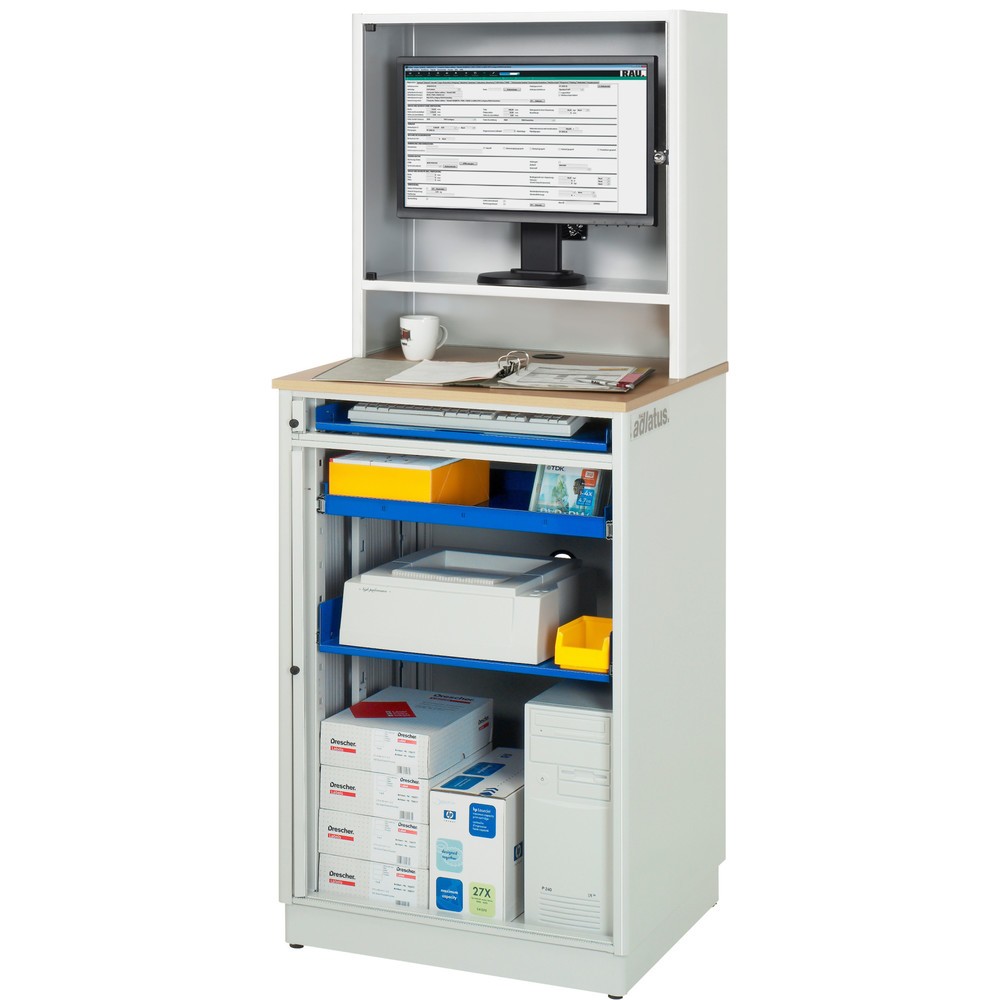 Immagine del prodotto n. 5: RAU Postazioni computer, HxLxP 1.810 x 720 x 660 mm, piano di lavoro in faggio decorato, con serranda, ciabatta a presa multipla