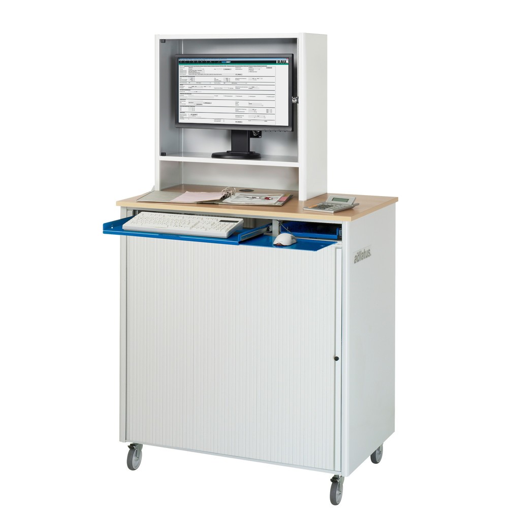 Immagine del prodotto n. 2: RAU Postazioni computer, HxLxP 1.810 x 1.030 x 660 mm, piano di lavoro in faggio decorato, con serranda, ciabatta a presa multipla, set di ruote e alloggiamento monitor