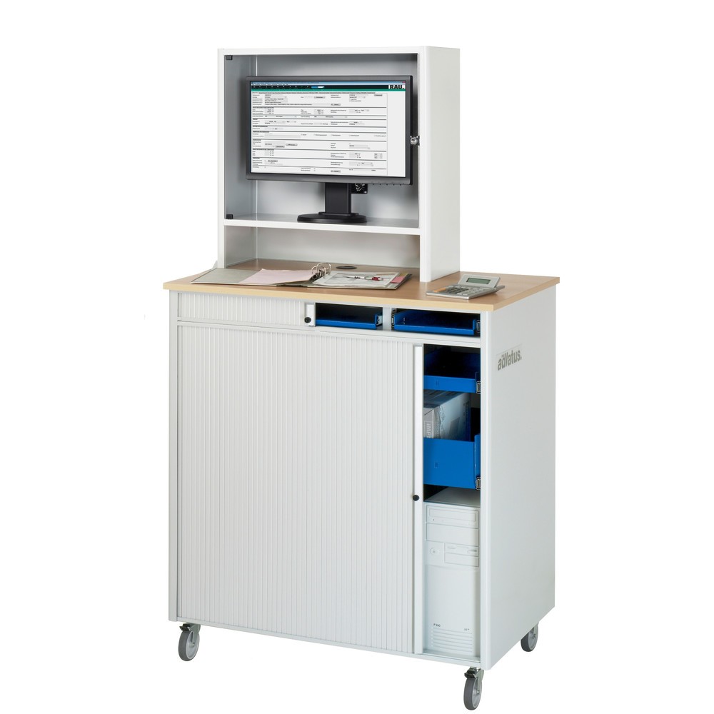 Immagine del prodotto n. 3: RAU Postazioni computer, HxLxP 1.810 x 1.030 x 660 mm, piano di lavoro in faggio decorato, con serranda, ciabatta a presa multipla, set di ruote e alloggiamento monitor