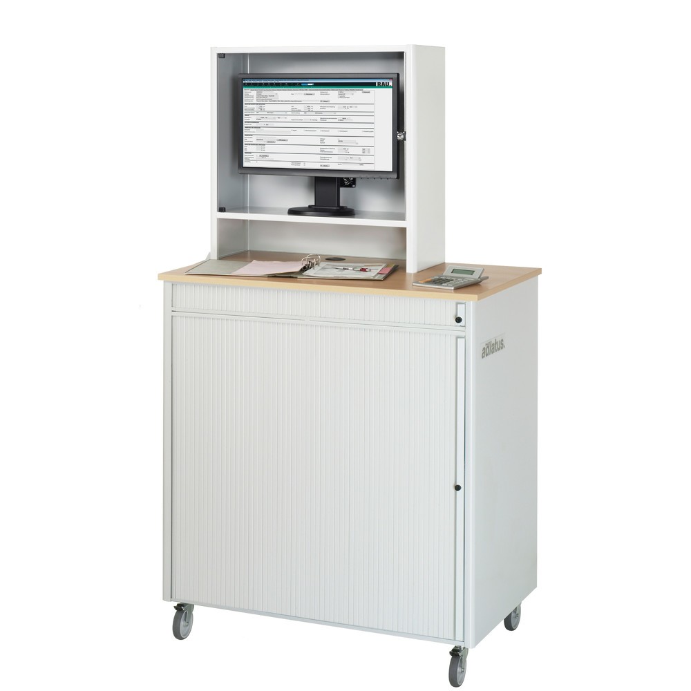Immagine del prodotto n. 4: RAU Postazioni computer, HxLxP 1.810 x 1.030 x 660 mm, piano di lavoro in faggio decorato, con serranda, ciabatta a presa multipla, set di ruote e alloggiamento monitor