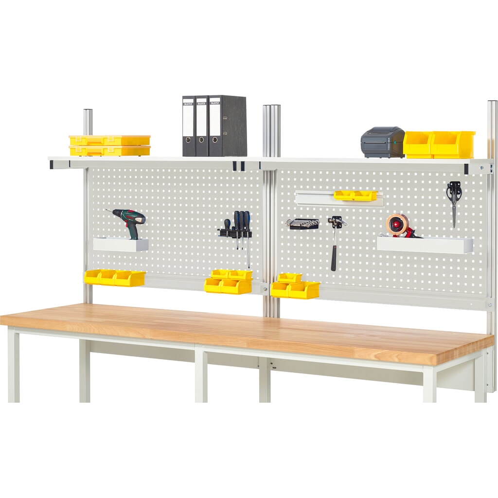 Struttura banco da lavoro RAU, AxLxP 1.130 x 2.500 x 350 mm, con 2 ripiani rivestiti in melamina e 2 guide di supporto, set completo 01 per larghezza prodotto 2.500 mm Immagine del prodotto: Struttura banco da lavoro RAU, AxLxP 1.130 x 2.500 x 350 mm, con 2 ripiani rivestiti in melamina e 2 guide di supporto, set completo 01 per larghezza prodotto 2.500 mm