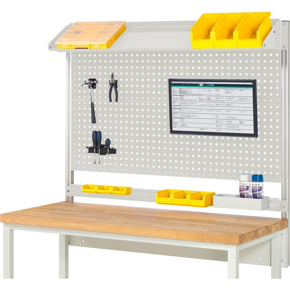 Immagine del prodotto: Struttura banco da lavoro RAU, AxLxP 1.130 x 1.500 x 350 mm, con 1 piano di appoggio in metallo inclinabile, 1 guida di supporto e 1 supporto per schermo piatto, set completo 02 per larghezza prodotto 1.500 mm