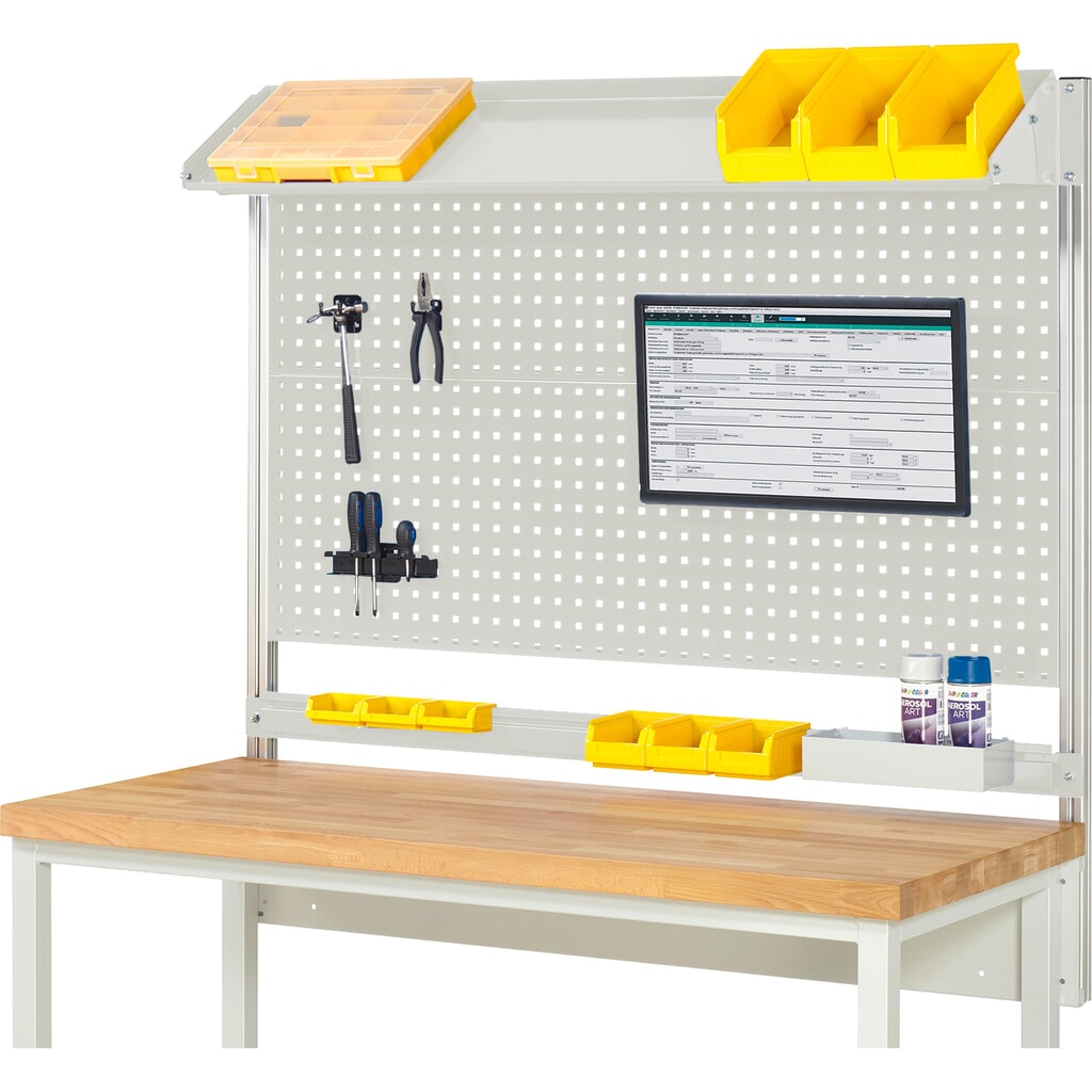 Immagine del prodotto: Struttura banco da lavoro RAU, AxLxP 1.130 x 1.500 x 350 mm, con 1 piano di appoggio in metallo inclinabile, 1 guida di supporto e 1 supporto per schermo piatto, set completo 02 per larghezza prodotto 1.500 mm