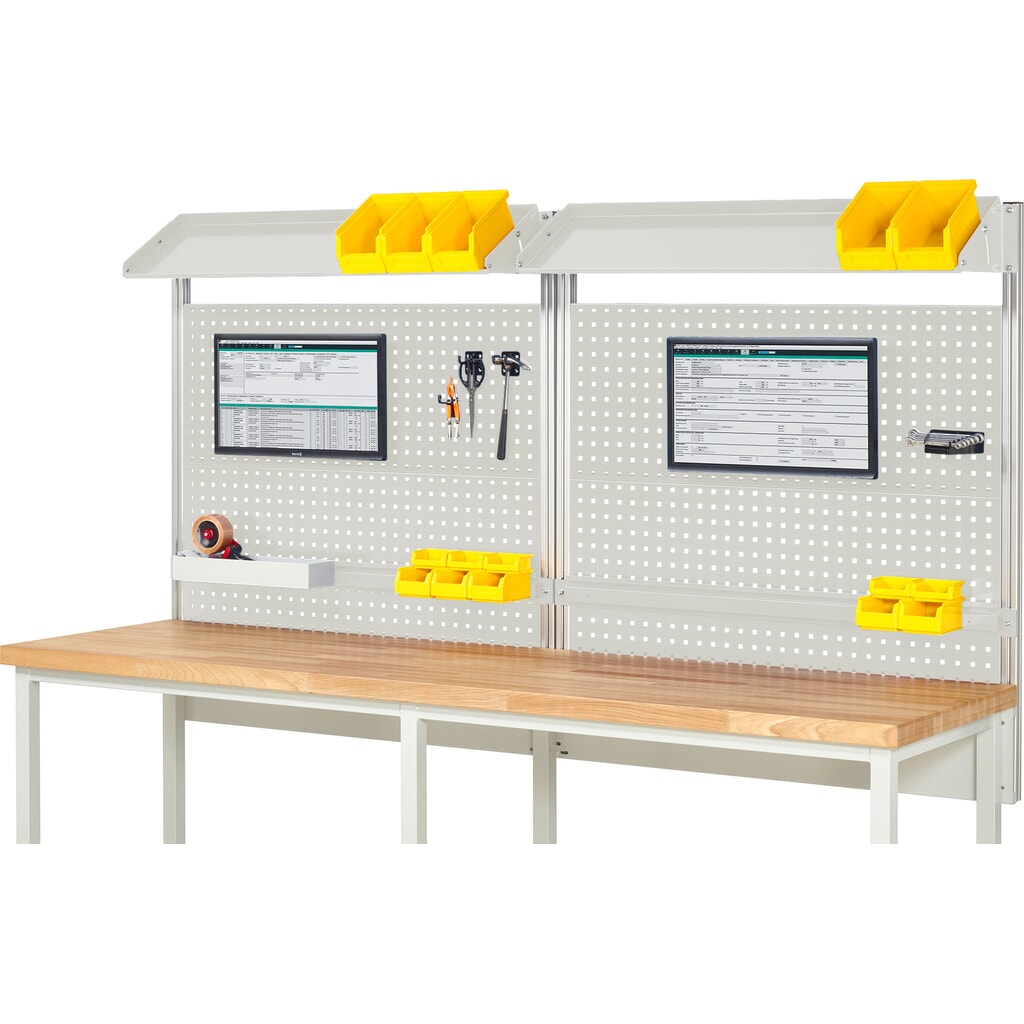 Struttura banco da lavoro RAU, AxLxP 1.130 x 2.500 x 350 mm, con 2 piani di appoggio in metallo inclinabili, 2 guide di supporto e 2 supporti per schermo piatto, set completo 02 per larghezza prodotto 2.500 mm Immagine del prodotto: Struttura banco da lavoro RAU, AxLxP 1.130 x 2.500 x 350 mm, con 2 piani di appoggio in metallo inclinabili, 2 guide di supporto e 2 supporti per schermo piatto, set completo 02 per larghezza prodotto 2.500 mm