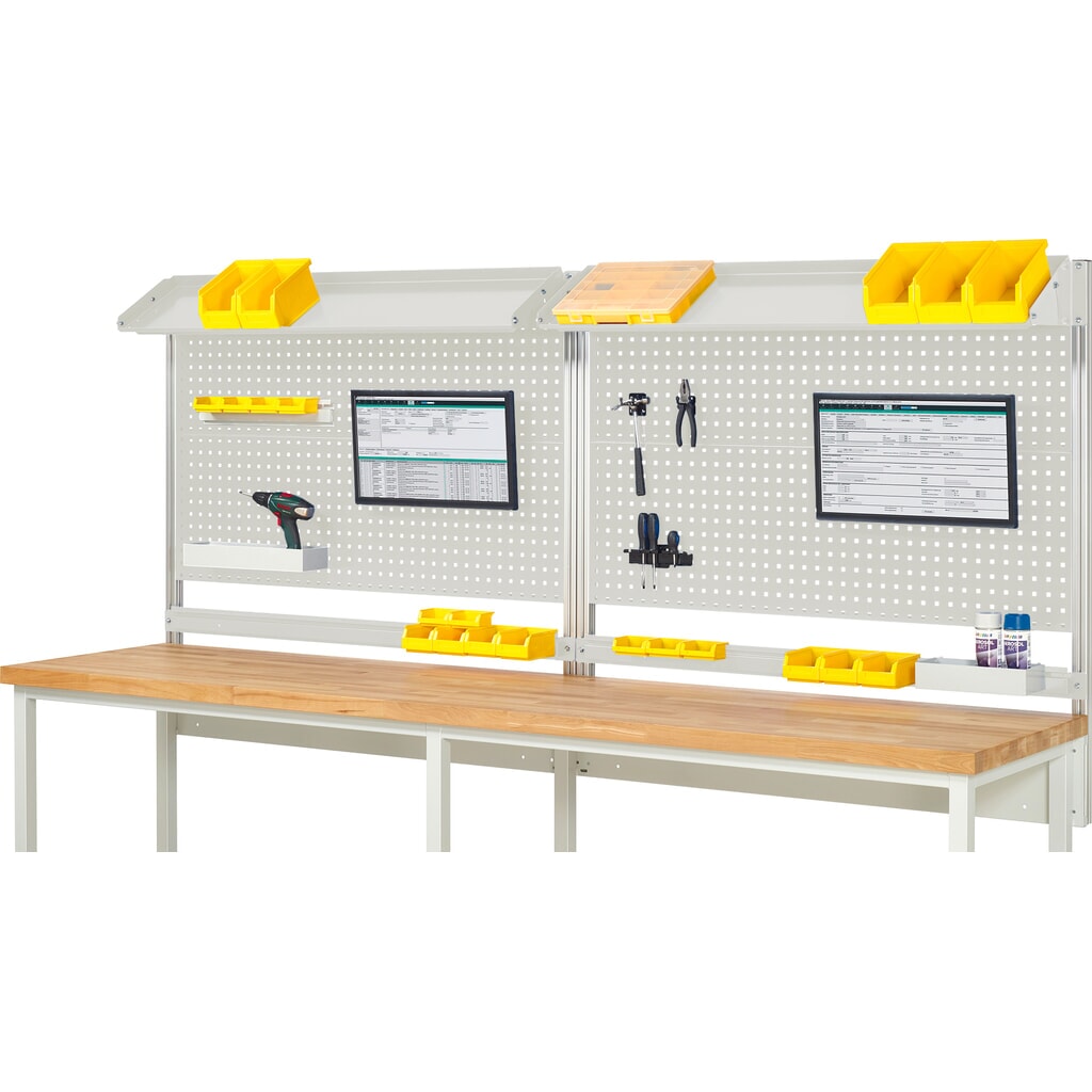 Struttura banco da lavoro RAU, AxLxP 1.130 x 3.000 x 350 mm, con 2 piani di appoggio in metallo inclinabili, 2 guide di supporto e 2 supporti per schermo piatto, set completo 02 per larghezza prodotto 3.000 mm Immagine del prodotto: Struttura banco da lavoro RAU, AxLxP 1.130 x 3.000 x 350 mm, con 2 piani di appoggio in metallo inclinabili, 2 guide di supporto e 2 supporti per schermo piatto, set completo 02 per larghezza prodotto 3.000 mm