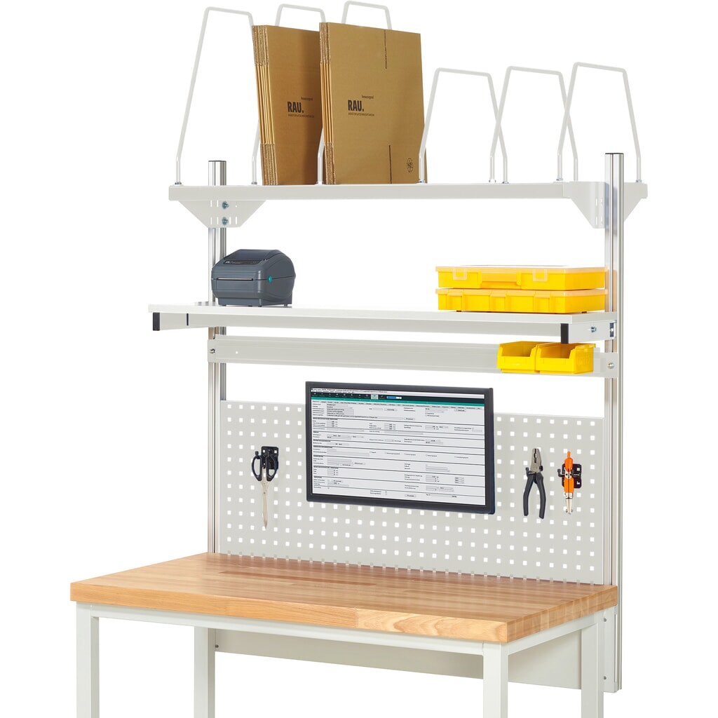 Immagine del prodotto: Struttura banco da lavoro RAU, AxLxP 1.130 x 1.250 x 350 mm, con 1 ripiano, 1 guida di supporto e 1 supporto per schermo piatto, set completo 03 per larghezza prodotto 1.250 mm