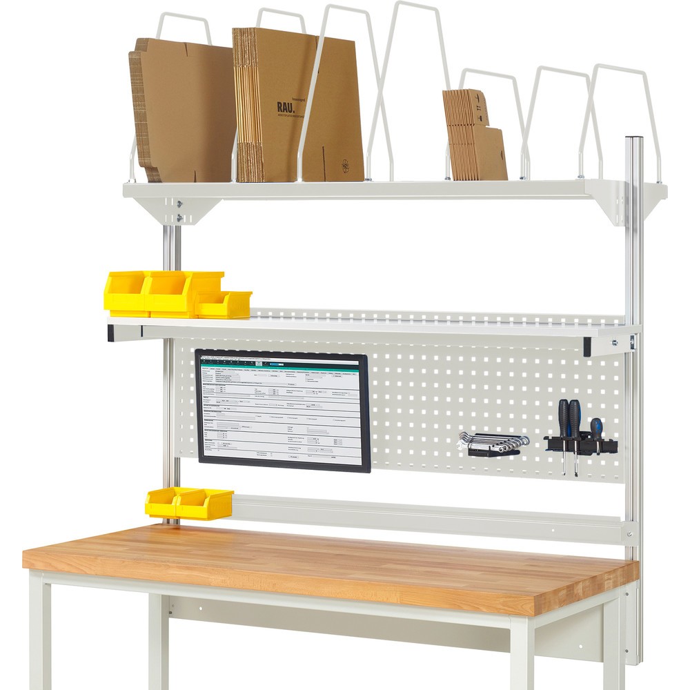Immagine del prodotto: Struttura banco da lavoro RAU, AxLxP 1.130 x 1.500 x 350 mm, con 1 ripiano, 1 guida di supporto e 1 supporto per schermo piatto, set completo 03 per larghezza prodotto 2.000 mm