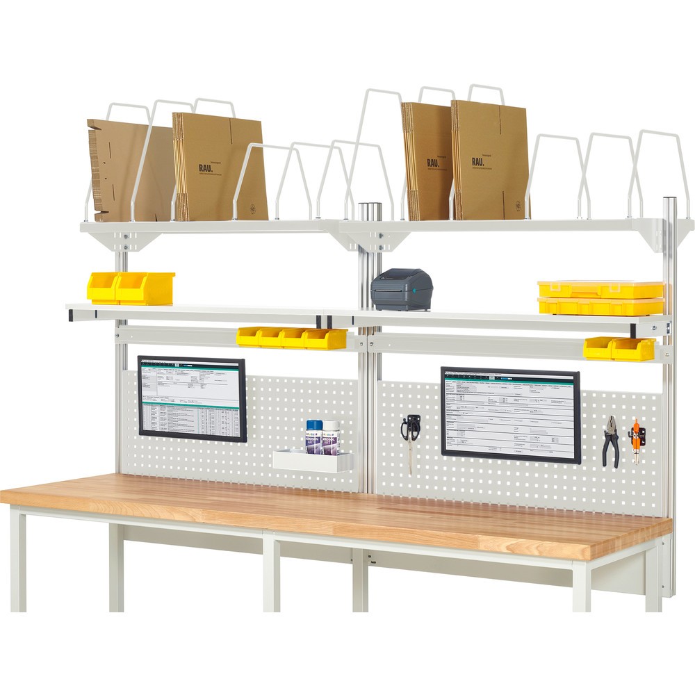 Immagine del prodotto: Struttura banco da lavoro RAU, AxLxP 1.130 x 2.500 x 350 mm, con 2 ripiani, 2 guide di supporto e 2 supporti per schermo piatto, set completo 03 per larghezza prodotto 2.500 mm