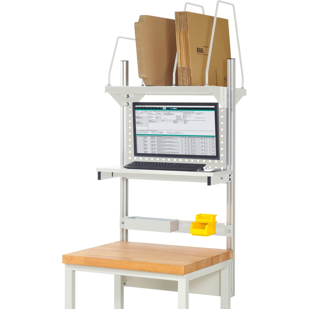 Struttura banco da lavoro RAU, AxLxP 1.130 x 750 x 350 mm, con 1 ripiano, 1 guida di supporto e 1 supporto per schermo piatto, set completo 03 per larghezza prodotto 750 mm Immagine del prodotto: Struttura banco da lavoro RAU, AxLxP 1.130 x 750 x 350 mm, con 1 ripiano, 1 guida di supporto e 1 supporto per schermo piatto, set completo 03 per larghezza prodotto 750 mm