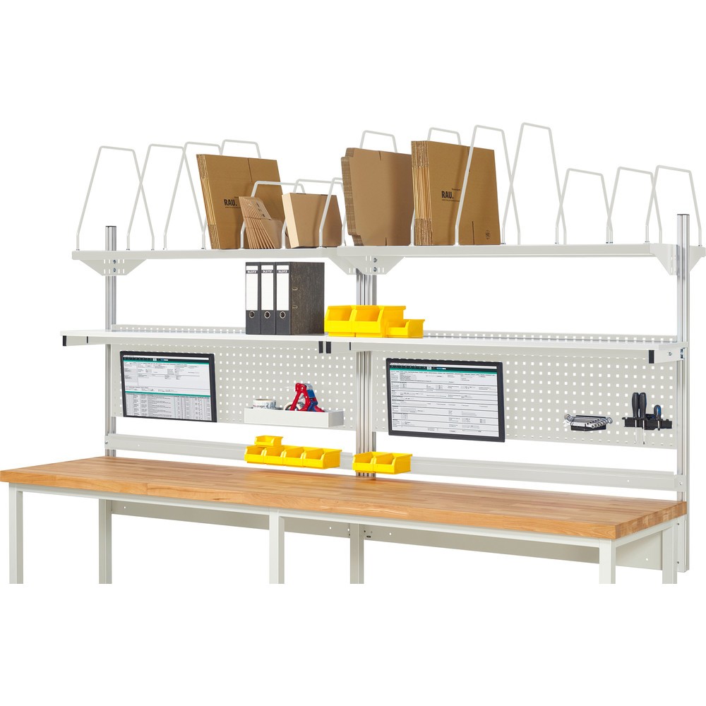 Immagine del prodotto: Struttura banco da lavoro RAU, AxLxP 1.130 x 3.000 x 350 mm, con 2 ripiani, 2 guide di supporto e 2 supporti per schermo piatto, set completo 03 per larghezza prodotto 3.000 mm