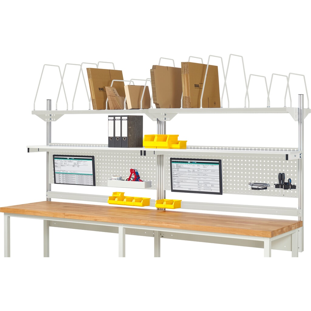 Immagine del prodotto: Struttura banco da lavoro RAU, AxLxP 1.130 x 3.000 x 350 mm, con 2 ripiani, 2 guide di supporto e 2 supporti per schermo piatto, set completo 03 per larghezza prodotto 3.000 mm