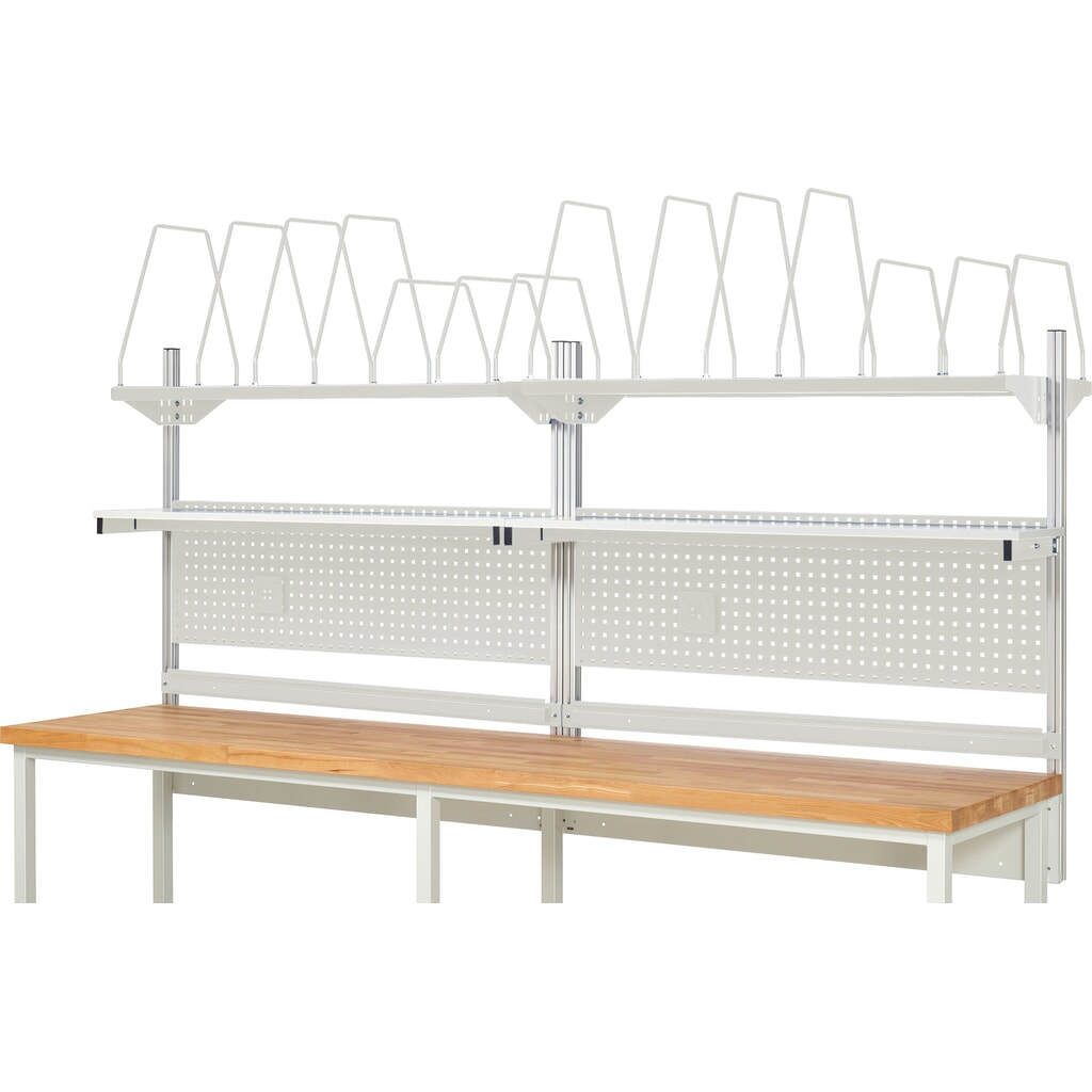 Struttura banco da lavoro RAU, AxLxP 1.130 x 3.000 x 350 mm, con 2 ripiani, 2 guide di supporto e 2 supporti per schermo piatto, set completo 03 per larghezza prodotto 3.000 mm Immagine del prodotto n. 2: Struttura banco da lavoro RAU, AxLxP 1.130 x 3.000 x 350 mm, con 2 ripiani, 2 guide di supporto e 2 supporti per schermo piatto, set completo 03 per larghezza prodotto 3.000 mm