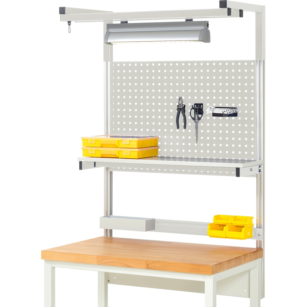 Struttura banco da lavoro RAU, AxLxP 1.380 x 1.000 x 350 mm, con 1 ripiano, 1 guida di supporto, 1 coppia di bracci e 1 luce, set completo 04 per larghezza prodotto 1.000 mm Immagine del prodotto: Struttura banco da lavoro RAU, AxLxP 1.380 x 1.000 x 350 mm, con 1 ripiano, 1 guida di supporto, 1 coppia di bracci e 1 luce, set completo 04 per larghezza prodotto 1.000 mm