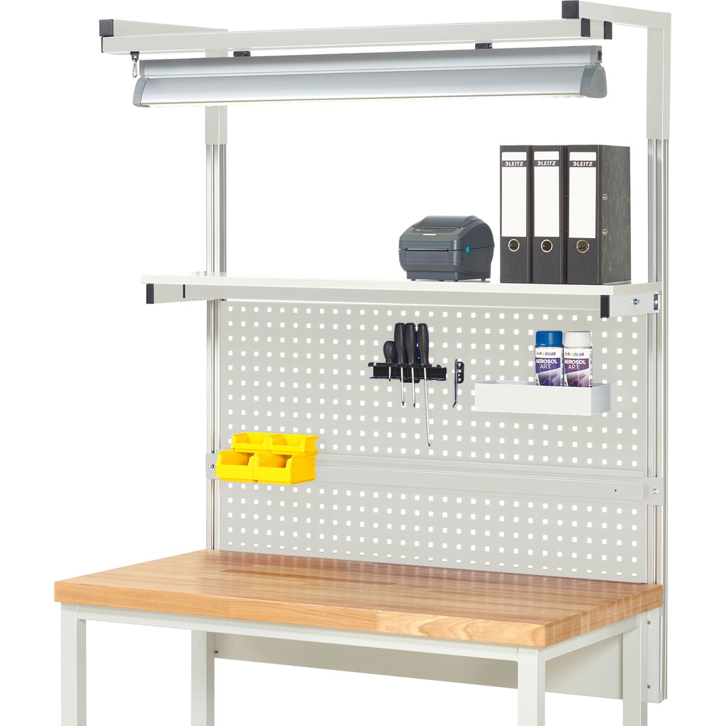 Struttura banco da lavoro RAU, AxLxP 1.380 x 1.250 x 350 mm, con 1 ripiano, 1 guida di supporto, 1 coppia di bracci e 1 luce, set completo 04 per larghezza prodotto 1.250 mm Immagine del prodotto: Struttura banco da lavoro RAU, AxLxP 1.380 x 1.250 x 350 mm, con 1 ripiano, 1 guida di supporto, 1 coppia di bracci e 1 luce, set completo 04 per larghezza prodotto 1.250 mm