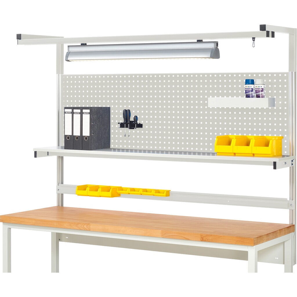 Struttura banco da lavoro RAU, AxLxP 1.380 x 2.000 x 350 mm, con 1 ripiano, 1 guida di supporto, 1 coppia di bracci e 1 luce, set completo 04 per larghezza prodotto 2.000 mm Immagine del prodotto: Struttura banco da lavoro RAU, AxLxP 1.380 x 2.000 x 350 mm, con 1 ripiano, 1 guida di supporto, 1 coppia di bracci e 1 luce, set completo 04 per larghezza prodotto 2.000 mm