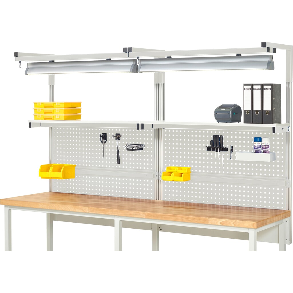 Struttura banco da lavoro RAU, AxLxP 1.380 x 2.500 x 350 mm, con 2 ripiani, 2 guide di supporto, 2 coppie di bracci e 2 luci, set completo 04 per larghezza prodotto 2.500 mm Immagine del prodotto: Struttura banco da lavoro RAU, AxLxP 1.380 x 2.500 x 350 mm, con 2 ripiani, 2 guide di supporto, 2 coppie di bracci e 2 luci, set completo 04 per larghezza prodotto 2.500 mm