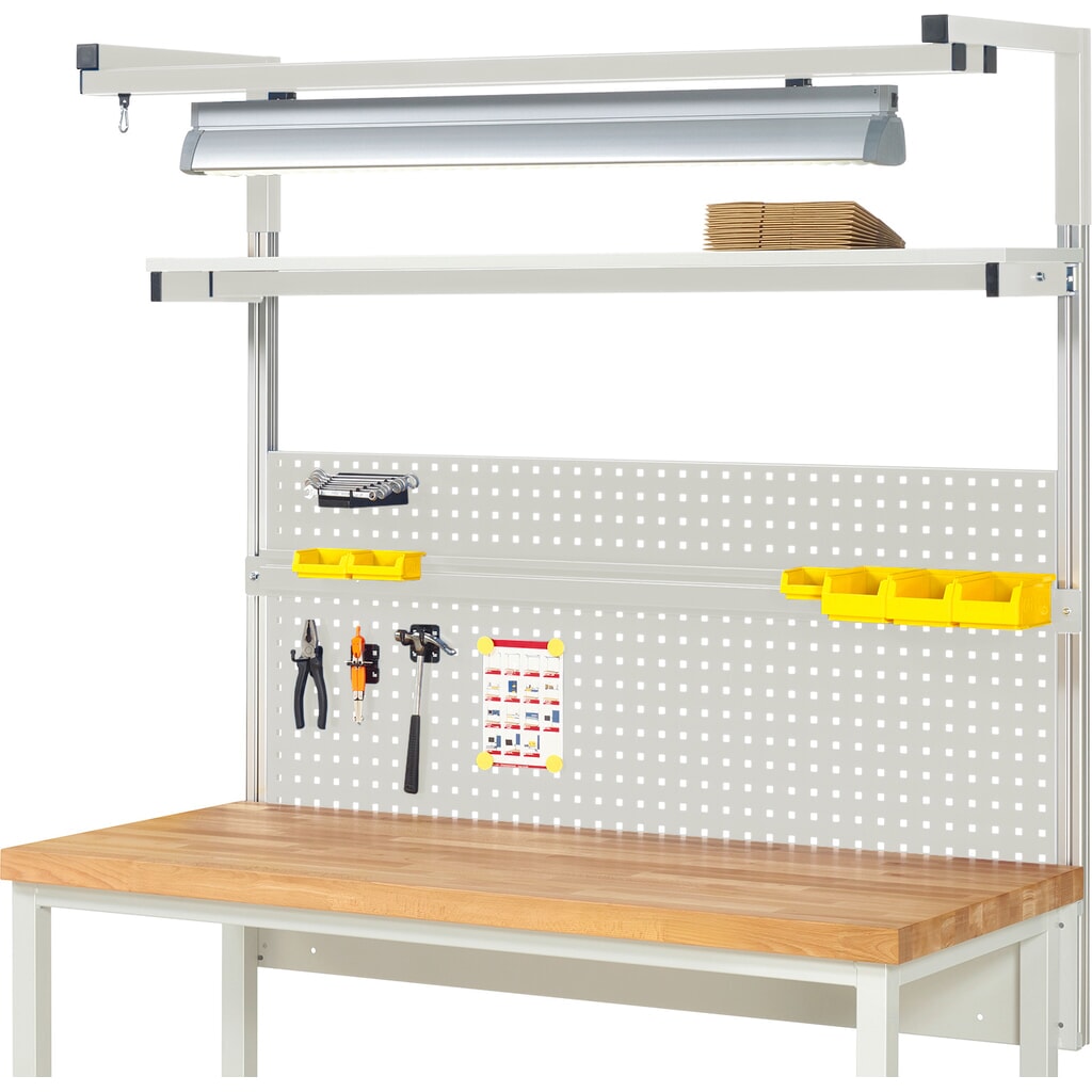 Struttura banco da lavoro RAU, AxLxP 1.380 x 1.500 x 350 mm, con 1 ripiano, 1 guida di supporto, 1 coppia di bracci e 1 luce, set completo 04 per larghezza prodotto 1.500 mm Immagine del prodotto: Struttura banco da lavoro RAU, AxLxP 1.380 x 1.500 x 350 mm, con 1 ripiano, 1 guida di supporto, 1 coppia di bracci e 1 luce, set completo 04 per larghezza prodotto 1.500 mm
