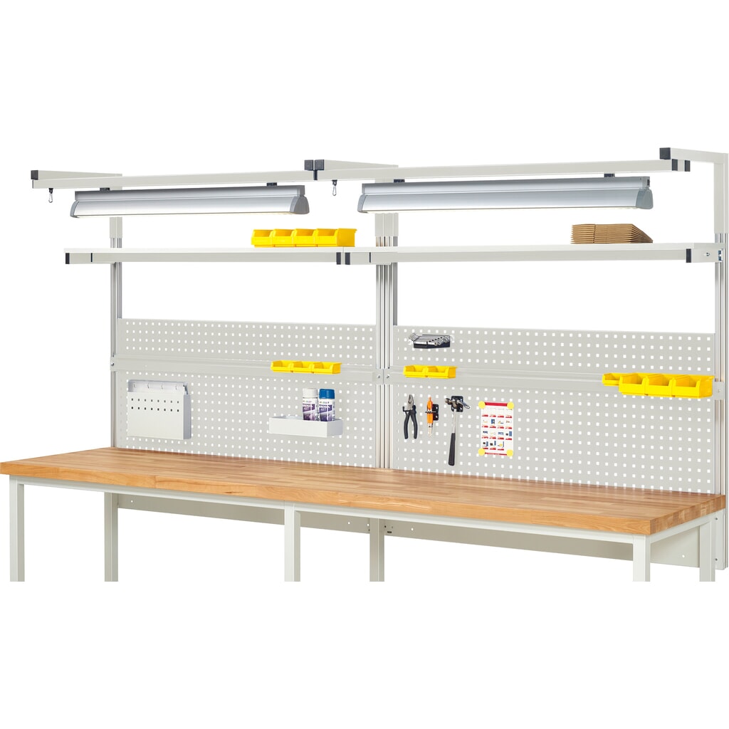Struttura banco da lavoro RAU, AxLxP 1.380 x 3.000 x 350 mm, con 2 ripiani, 2 guide di supporto, 2 coppie di bracci e 2 luci, set completo 04 per larghezza prodotto 3.000 mm Immagine del prodotto: Struttura banco da lavoro RAU, AxLxP 1.380 x 3.000 x 350 mm, con 2 ripiani, 2 guide di supporto, 2 coppie di bracci e 2 luci, set completo 04 per larghezza prodotto 3.000 mm