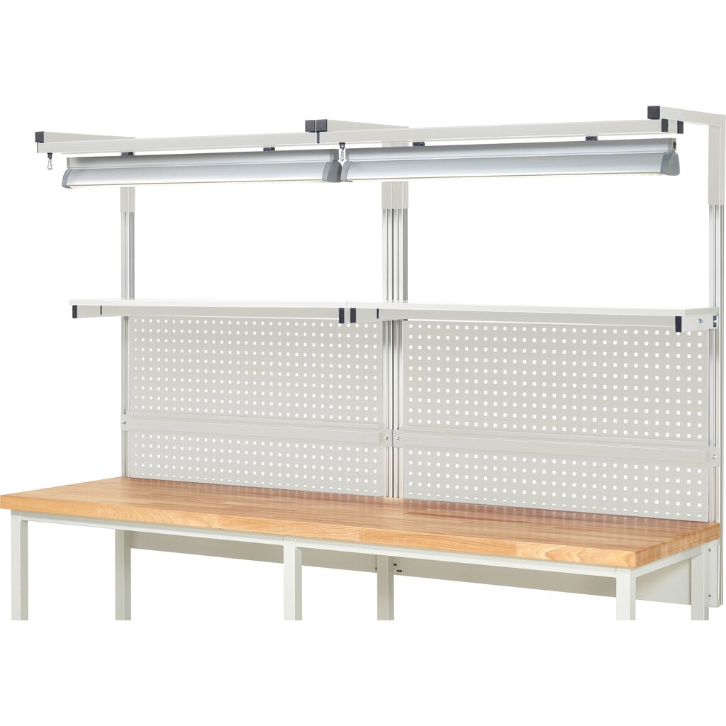 Struttura banco da lavoro RAU, AxLxP 1.380 x 2.500 x 350 mm, con 2 ripiani, 2 guide di supporto, 2 coppie di bracci e 2 luci, set completo 04 per larghezza prodotto 2.500 mm Immagine del prodotto n. 2: Struttura banco da lavoro RAU, AxLxP 1.380 x 2.500 x 350 mm, con 2 ripiani, 2 guide di supporto, 2 coppie di bracci e 2 luci, set completo 04 per larghezza prodotto 2.500 mm