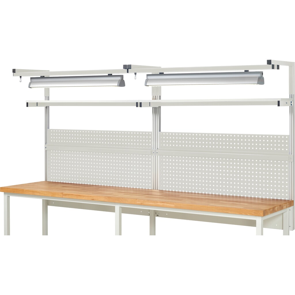 Struttura banco da lavoro RAU, AxLxP 1.380 x 3.000 x 350 mm, con 2 ripiani, 2 guide di supporto, 2 coppie di bracci e 2 luci, set completo 04 per larghezza prodotto 3.000 mm Immagine del prodotto n. 2: Struttura banco da lavoro RAU, AxLxP 1.380 x 3.000 x 350 mm, con 2 ripiani, 2 guide di supporto, 2 coppie di bracci e 2 luci, set completo 04 per larghezza prodotto 3.000 mm