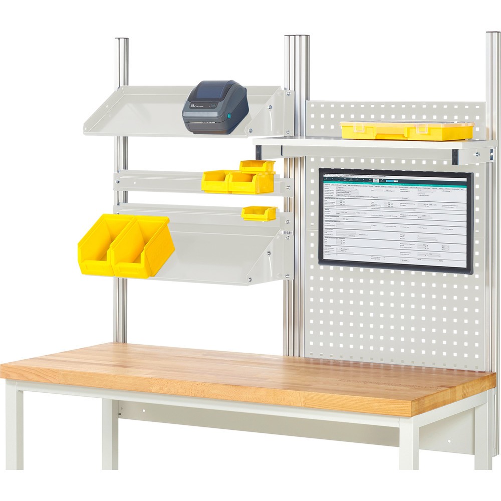 Immagine del prodotto: Struttura banco da lavoro RAU, AxLxP 1.130 x 1.500 x 350 mm, con 1 ripiano, 2 guide di supporto, 2 piani di appoggio in metallo inclinabili e 1 supporto per schermo piatto, set completo 05 per larghezza prodotto 1.500 mm