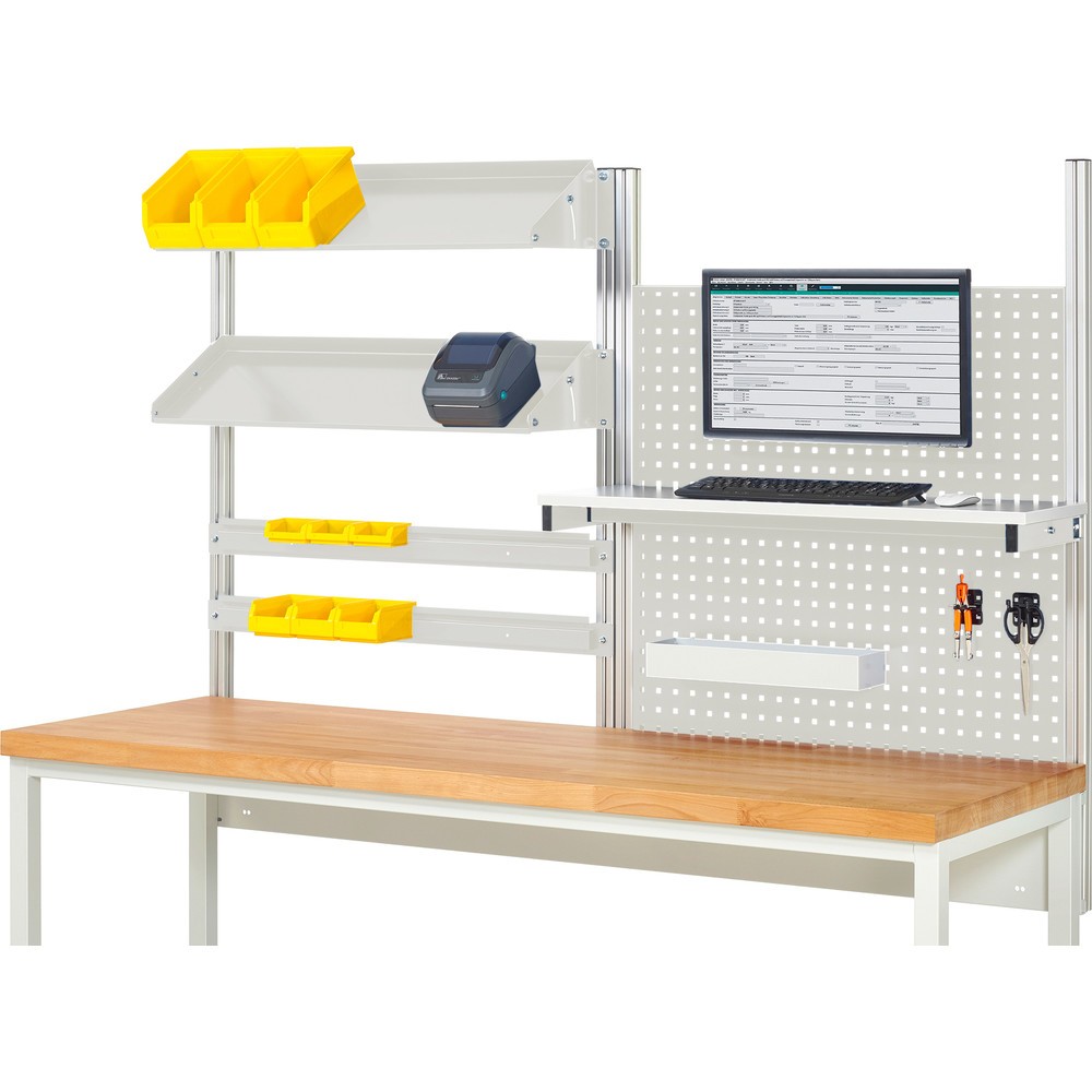 Immagine del prodotto: Struttura banco da lavoro RAU, AxLxP 1.130 x 2.000 x 350 mm, con 1 ripiano, 2 guide di supporto, 2 piani di appoggio in metallo inclinabili e 1 supporto per schermo piatto, set completo 05 per larghezza prodotto 2.000 mm