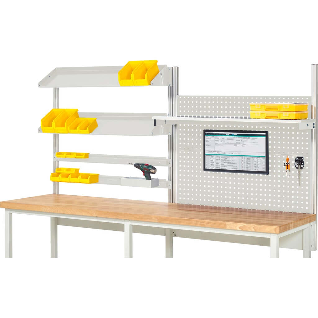 Struttura banco da lavoro RAU, AxLxP 1.130 x 2.500 x 350 mm, con 1 ripiano, 2 guide di supporto, 2 piani di appoggio in metallo inclinabili e 1 supporto per schermo piatto, set completo 05 per larghezza prodotto 2.500 mm Immagine del prodotto: Struttura banco da lavoro RAU, AxLxP 1.130 x 2.500 x 350 mm, con 1 ripiano, 2 guide di supporto, 2 piani di appoggio in metallo inclinabili e 1 supporto per schermo piatto, set completo 05 per larghezza prodotto 2.500 mm