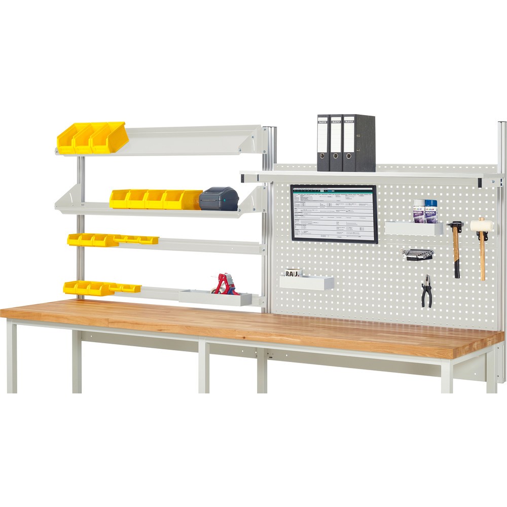 Immagine del prodotto: Struttura banco da lavoro RAU, AxLxP 1.130 x 3.000 x 3.000 mm, con 1 ripiano, 2 guide di supporto, 2 piani di appoggio in metallo inclinabili e 1 supporto per schermo piatto, set completo 05 per larghezza prodotto 3.000 mm