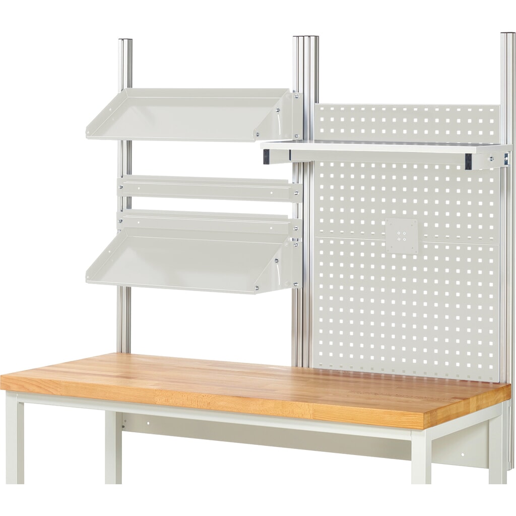 Immagine del prodotto n. 2: Struttura banco da lavoro RAU, AxLxP 1.130 x 1.500 x 350 mm, con 1 ripiano, 2 guide di supporto, 2 piani di appoggio in metallo inclinabili e 1 supporto per schermo piatto, set completo 05 per larghezza prodotto 1.500 mm