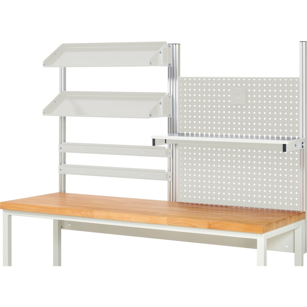 Immagine del prodotto n. 2: Struttura banco da lavoro RAU, AxLxP 1.130 x 2.000 x 350 mm, con 1 ripiano, 2 guide di supporto, 2 piani di appoggio in metallo inclinabili e 1 supporto per schermo piatto, set completo 05 per larghezza prodotto 2.000 mm