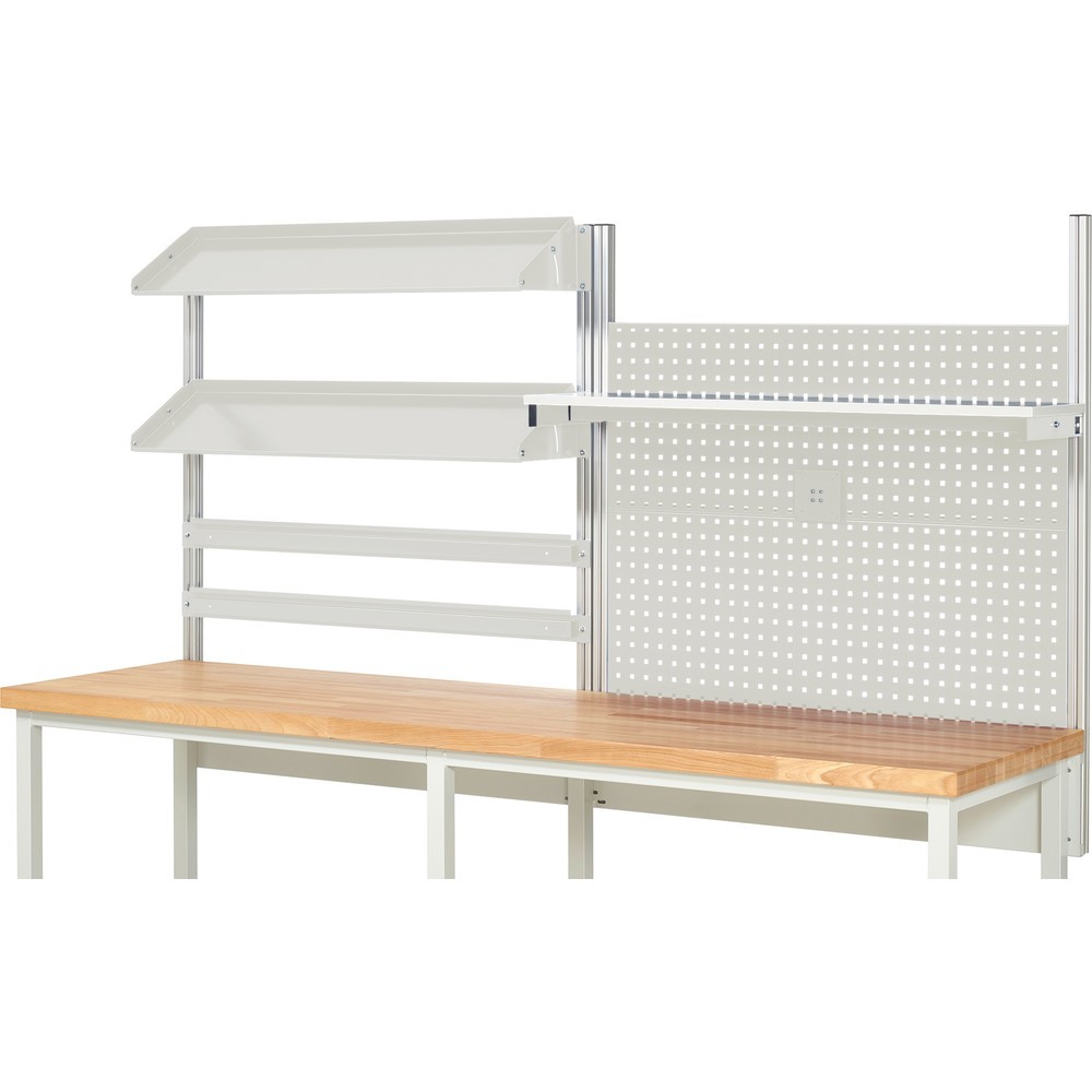 Immagine del prodotto n. 2: Struttura banco da lavoro RAU, AxLxP 1.130 x 2.500 x 350 mm, con 1 ripiano, 2 guide di supporto, 2 piani di appoggio in metallo inclinabili e 1 supporto per schermo piatto, set completo 05 per larghezza prodotto 2.500 mm