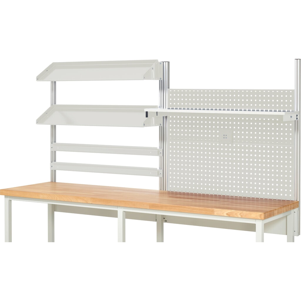 Immagine del prodotto n. 2: Struttura banco da lavoro RAU, AxLxP 1.130 x 2.500 x 350 mm, con 1 ripiano, 2 guide di supporto, 2 piani di appoggio in metallo inclinabili e 1 supporto per schermo piatto, set completo 05 per larghezza prodotto 2.500 mm