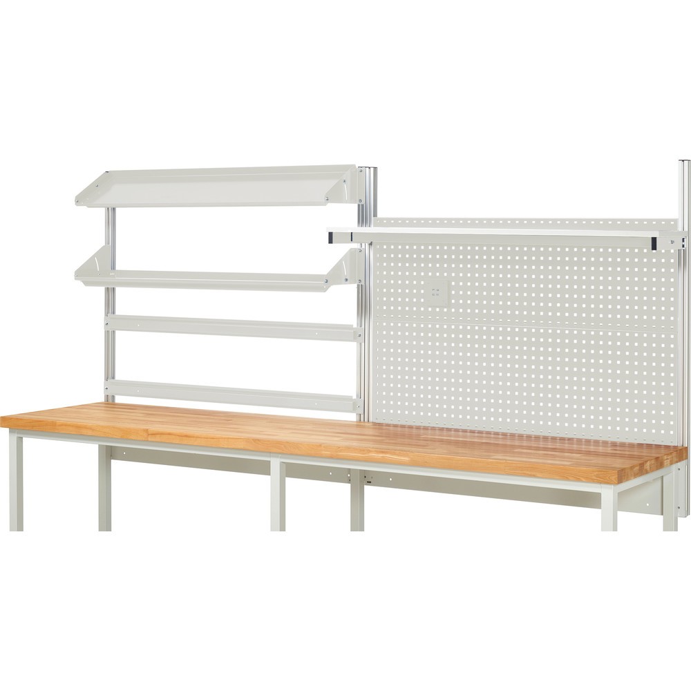 Immagine del prodotto n. 2: Struttura banco da lavoro RAU, AxLxP 1.130 x 3.000 x 3.000 mm, con 1 ripiano, 2 guide di supporto, 2 piani di appoggio in metallo inclinabili e 1 supporto per schermo piatto, set completo 05 per larghezza prodotto 3.000 mm