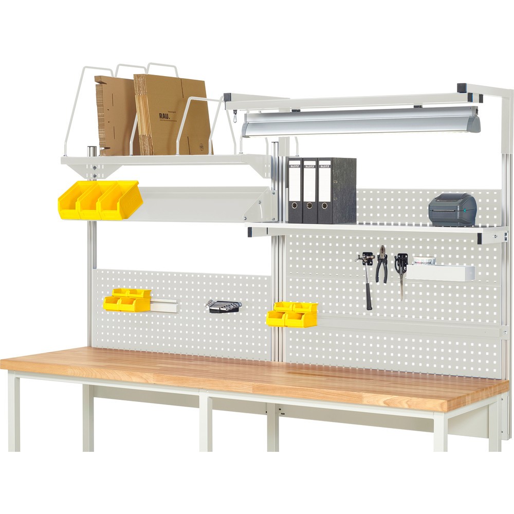 Immagine del prodotto: Struttura banco da lavoro RAU, AxLxP 1.380 x 2.500 x 2.500 mm, con 1 ripiano, 1 guida di supporto, 1 piano di appoggio in metallo inclinabile, 1 supporto per schermo piatto e 1 luce, set completo 06 per larghezza prodotto 2.500 mm