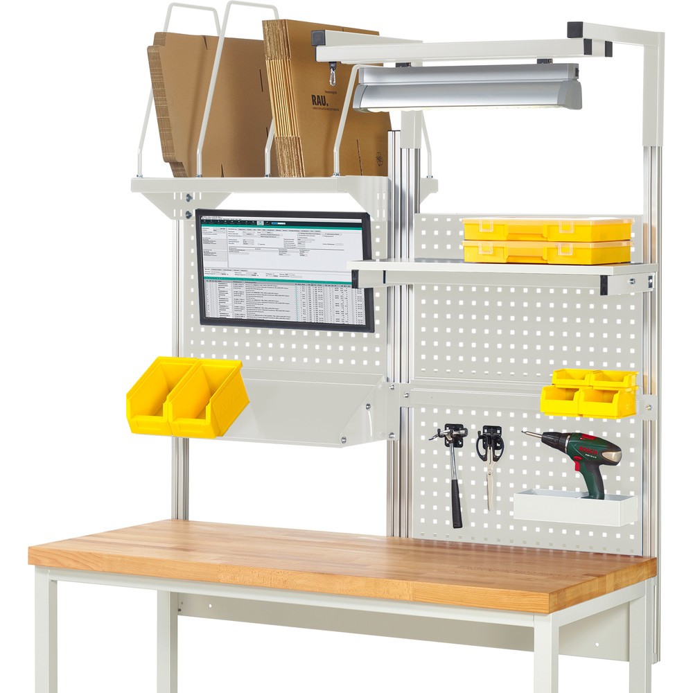 Immagine del prodotto: Struttura banco da lavoro RAU, AxLxP 1.380 x 1.500 x 1.500 mm, con 1 ripiano, 1 guida di supporto, 1 piano di appoggio in metallo inclinabile, 1 supporto per schermo piatto e 1 luce, set completo 06 per larghezza prodotto 1.500 mm