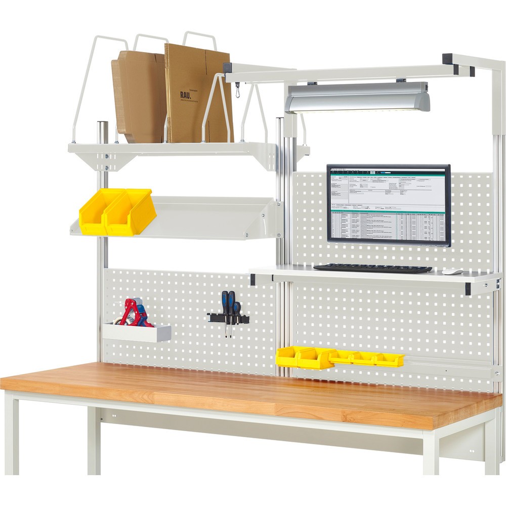 Immagine del prodotto: Struttura banco da lavoro RAU, AxLxP 1.380 x 2.000 x 2.000 mm, con 1 ripiano, 1 guida di supporto, 1 piano di appoggio in metallo inclinabile, 1 supporto per schermo piatto e 1 luce, set completo 06 per larghezza prodotto 2.000 mm